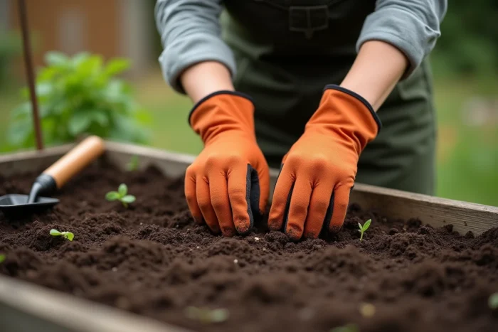Mains de jardinière semant des graines dans les sillons d'un potager bien entretenu