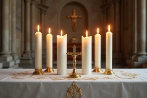 Six cierges blancs disposés symétriquement sur un autel catholique en pierre avec une croix dorée au centre, dans une église romane