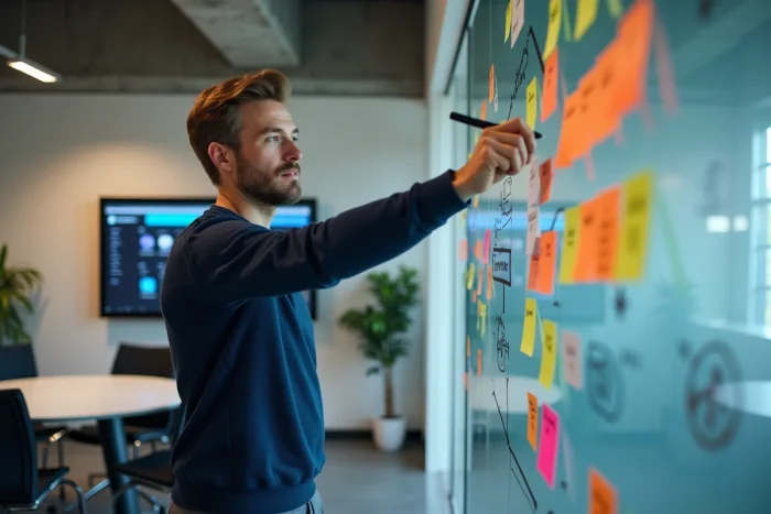 Homme présentant une stratégie de marketing de contenu sur un tableau blanc dans une salle de réunion d'agence créative