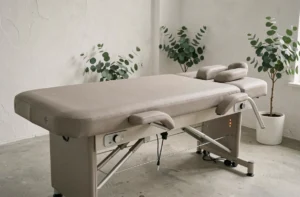 Table de massage moderne avec rembourrage en mousse à mémoire de forme et revêtement en cuir vegan gris, dans un studio de bien-être minimaliste