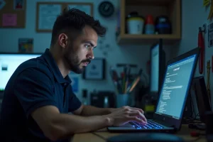 Technicien informatique naviguant dans le BIOS d'un laptop HP pour activer le mode Legacy