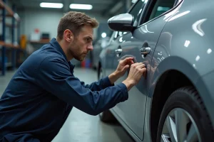Technicien automobile inspectant le mécanisme de fermeture centralisée d'une Peugeot 308 dans un garage professionnel