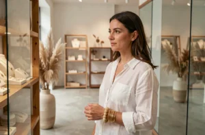 Femme portant des bracelets fantaisie dorés et résine dans une boutique de bijoux minimaliste moderne