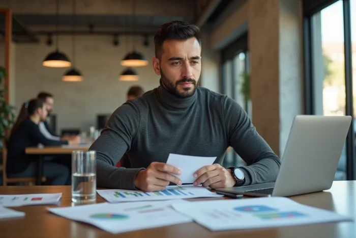 Homme d'affaires analysant des données financières dans un espace de coworking moderne, symbolisant expertise en gestion de patrimoine et fortune personnelle