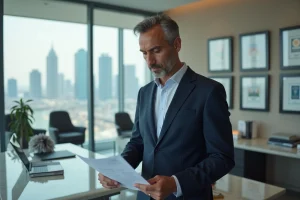 Entrepreneur francophone en costume sombre dans un bureau moderne avec vue sur la ville, illustrant parcours professionnel et réussite financière