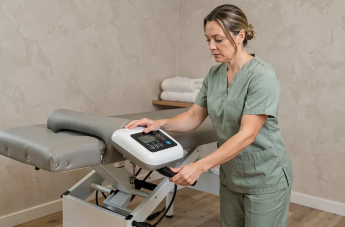 Thérapeute réglant la hauteur d'une table de massage électrique professionnelle dans une salle de soins moderne