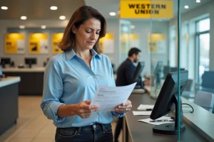 Femme effectuant un transfert d'argent Western Union au guichet d'un bureau de poste