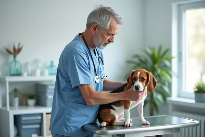 Vétérinaire examinant un beagle en clinique vétérinaire, image symbolisant l'importance d'une mutuelle santé pour chien