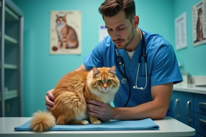 Vétérinaire examinant un chat persan roux au ventre distendu en consultation clinique