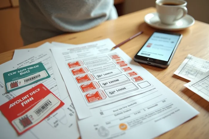 Vignettes de fidélité, bons de réduction et smartphone affichant des points de fidélité Intermarché sur une table de cuisine