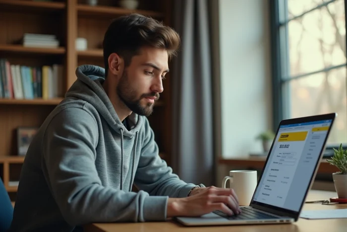 Jeune homme réalisant un virement Western Union en ligne depuis son domicile