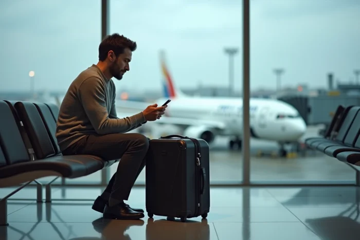 Voyageur serein consultant son itinéraire sur smartphone dans un aéroport moderne avant le départ