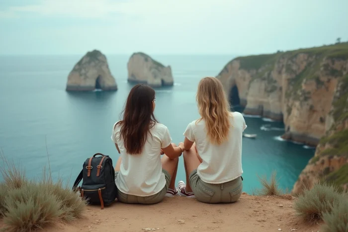 Deux jeunes voyageuses assises au bord d'une falaise côtière contemplant l'horizon lors d'un voyage entre amies