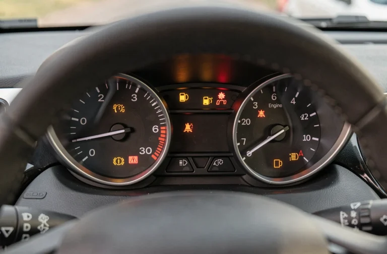 Gros plan sur le tableau de bord d'une Peugeot 208 avec plusieurs voyants d'avertissement allumés en orange et rouge