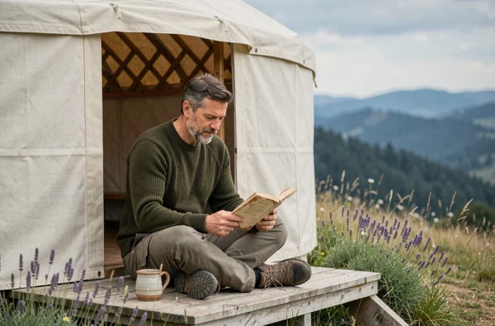 Homme se reposant devant un yourte en toile sur une prairie du Massif Central, hébergement insolite et éco-responsable en France